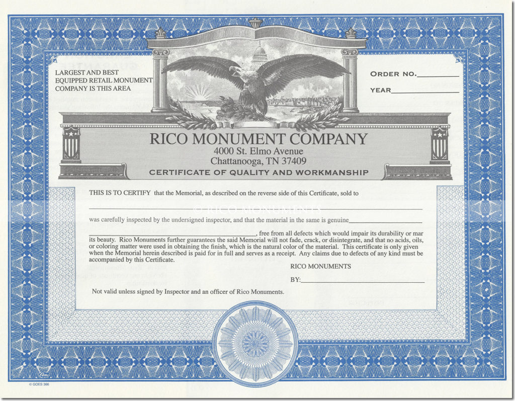 rico monuments - certificate of quality